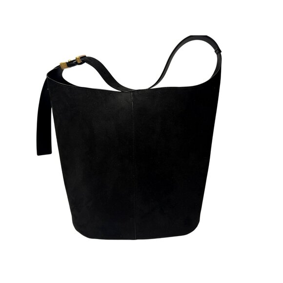 H&M Black Bucket Bag Suede-Like Fabric Goldtone Hardware Adjustable Strap - Picture 1 of 7